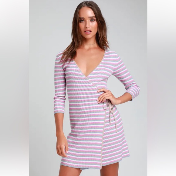 Lulus Dresses & Skirts - NWT Lulu's Supremely Sara Taupe Multi Striped Sweater Wrap Dress Medium